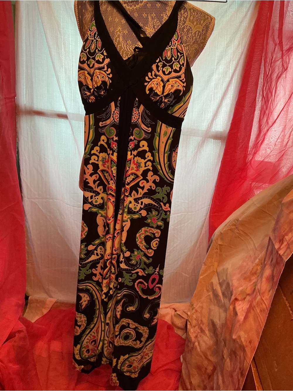 INC International Concepts Black Paisley Halter Maxi Dress with Multicolor Print
